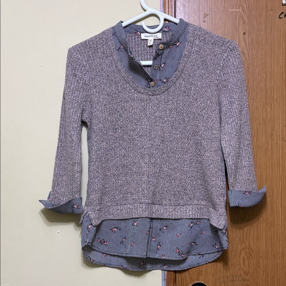 Monteau Los Angeles S Gray Waffle Knit Faux Layered Top Striped Bird Shirt